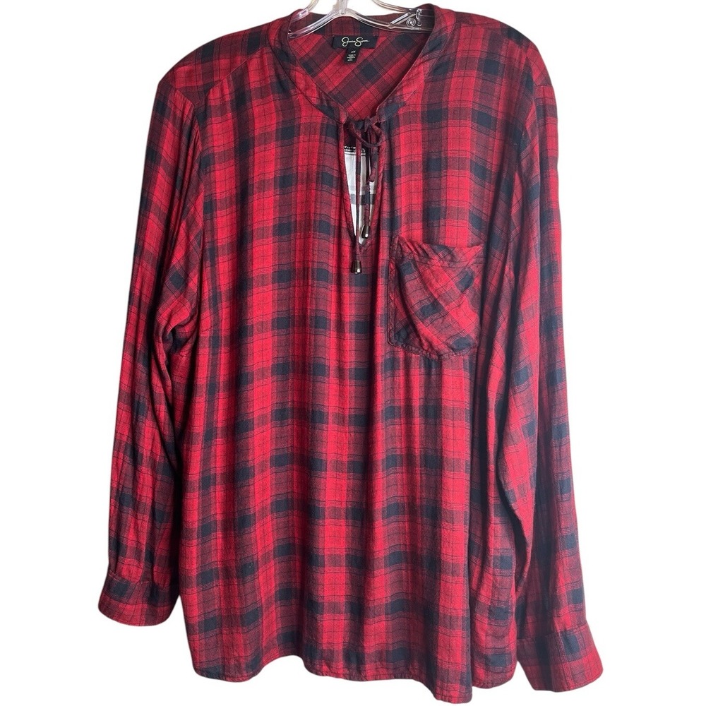 Jessica Simpson Women's Top 2X Long Sleeve Plaid Contrasting Print Tie Neck